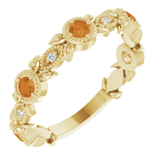 Round Natural Citrine & .03 CTW Natural Diamond Leaf Ring