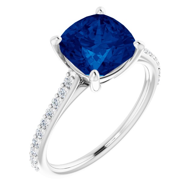 Cushion Lab-Grown Blue Sapphire & 1/5 CTW Natural Diamond Ring