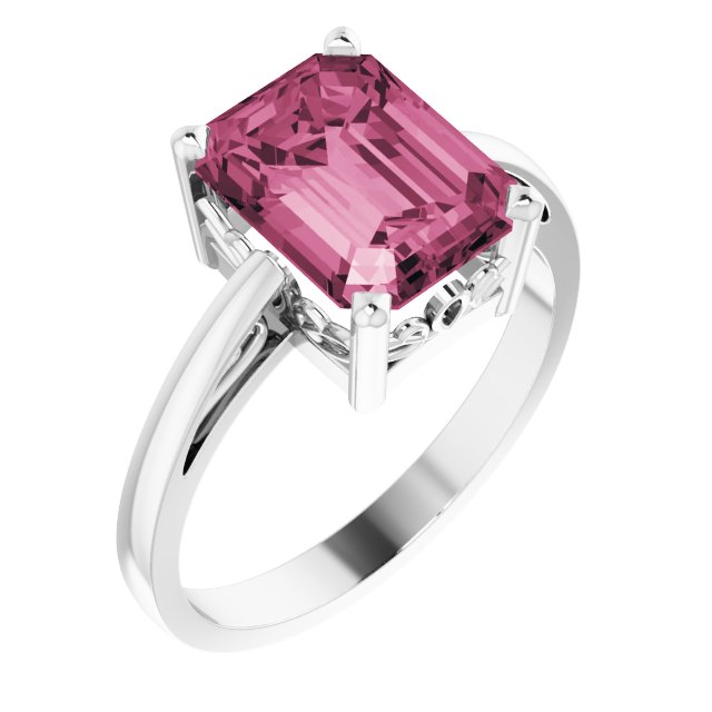 Emerald Natural Pink Tourmaline Scroll Setting Ring