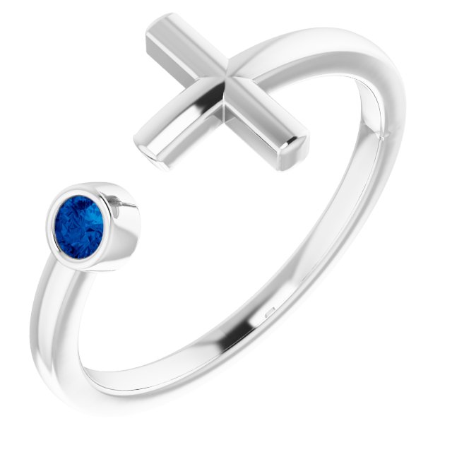 Round Lab-Grown Blue Sapphire Negative Space Cross Ring