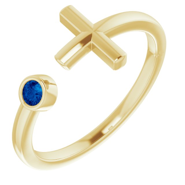 Round Lab-Grown Blue Sapphire Negative Space Cross Ring