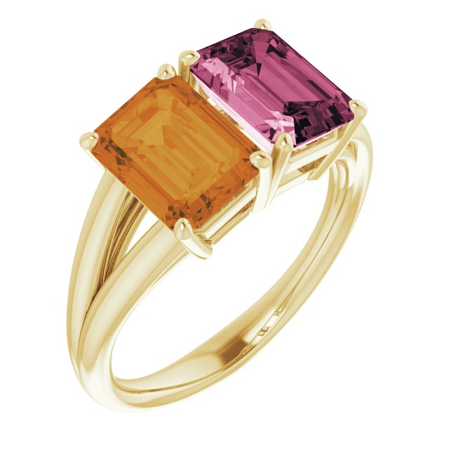 Emerald Natural Pink Tourmaline & Natural Citrine Ring