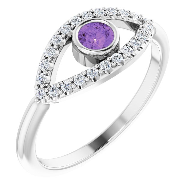 Round Natural Amethyst & Natural White Sapphire Evil Eye Ring