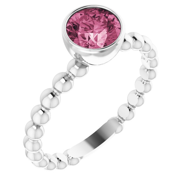 Round Natural Pink Tourmaline Family Beaded Stackable Ring