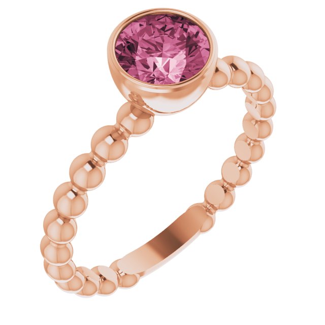 Round Natural Pink Tourmaline Family Beaded Stackable Ring