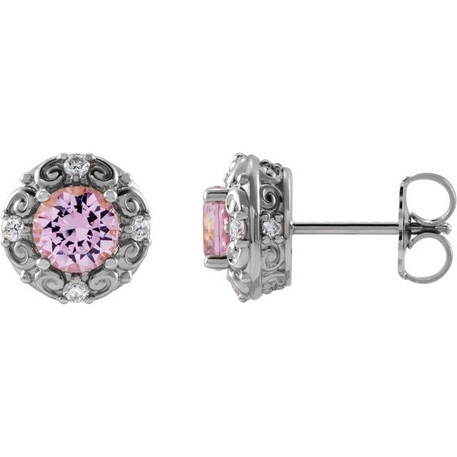 Round 4mm Natural Pink Tourmaline & 1/10 CTW Natural Diamond Halo-Style Earrings