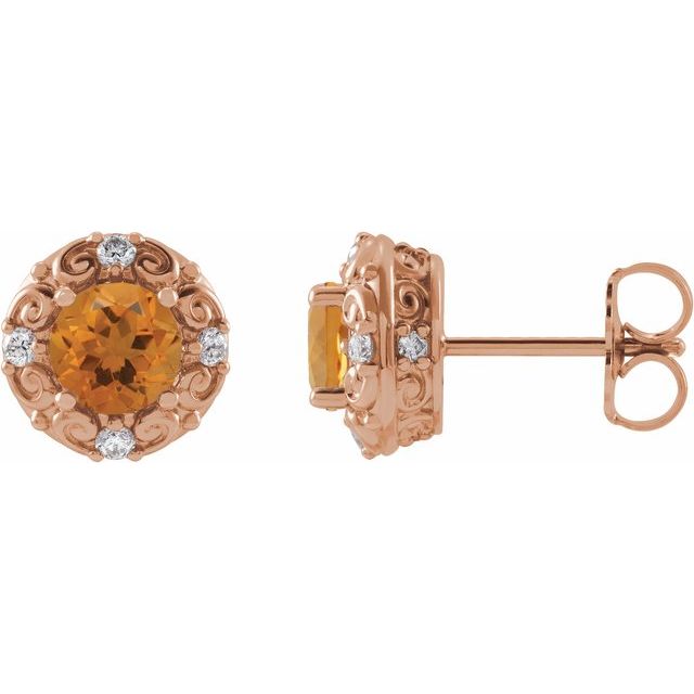 Round 4mm Natural Citrine & 1/10 CTW Natural Diamond Halo-Style Earrings