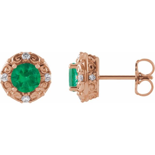 Round 5mm Natural Emerald & 1/6 CTW Natural Diamond Halo-Style Earrings