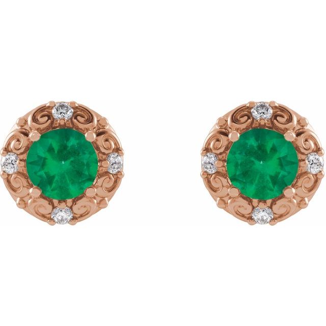 Round 4mm Natural Emerald & 1/10 CTW Natural Diamond Halo-Style Earrings