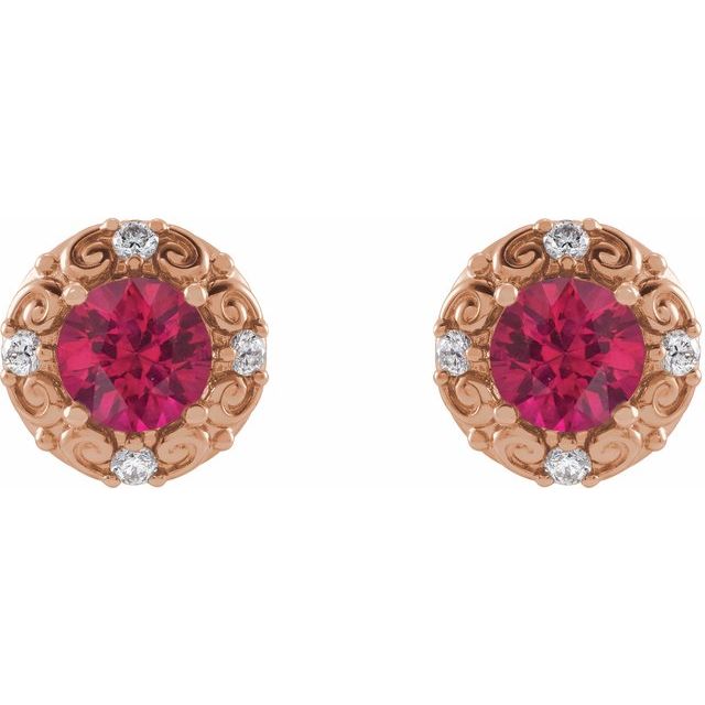 Round 5mm Lab-Grown Ruby & 1/6 CTW Natural Diamond Halo-Style Earrings