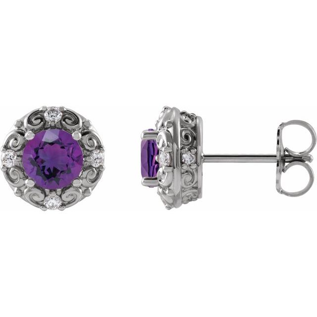 Round 5mm Natural Amethyst & 1/6 CTW Natural Diamond Halo-Style Earrings