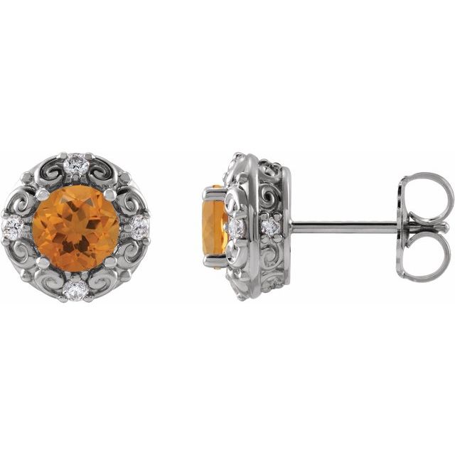 Round 4mm Natural Citrine & 1/10 CTW Natural Diamond Halo-Style Earrings