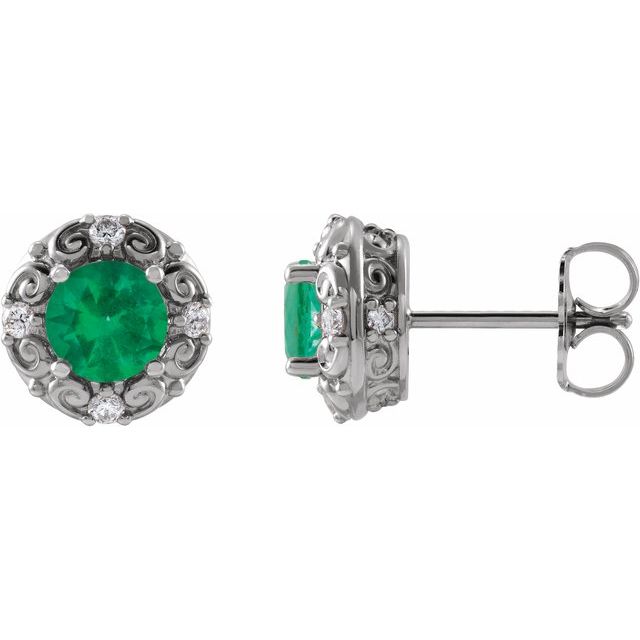 Round 4mm Natural Emerald & 1/10 CTW Natural Diamond Halo-Style Earrings