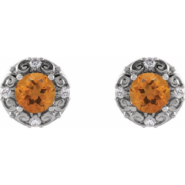 Round 4mm Natural Citrine & 1/10 CTW Natural Diamond Halo-Style Earrings