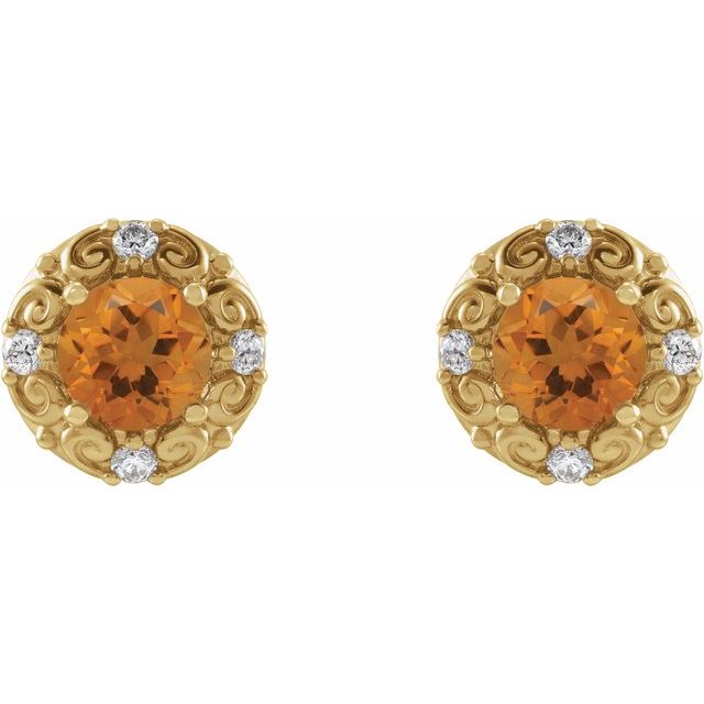 Round 4mm Natural Citrine & 1/10 CTW Natural Diamond Halo-Style Earrings