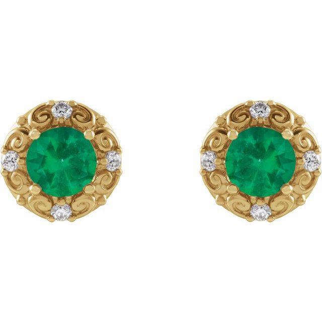 Round 5mm Natural Emerald & 1/6 CTW Natural Diamond Halo-Style Earrings