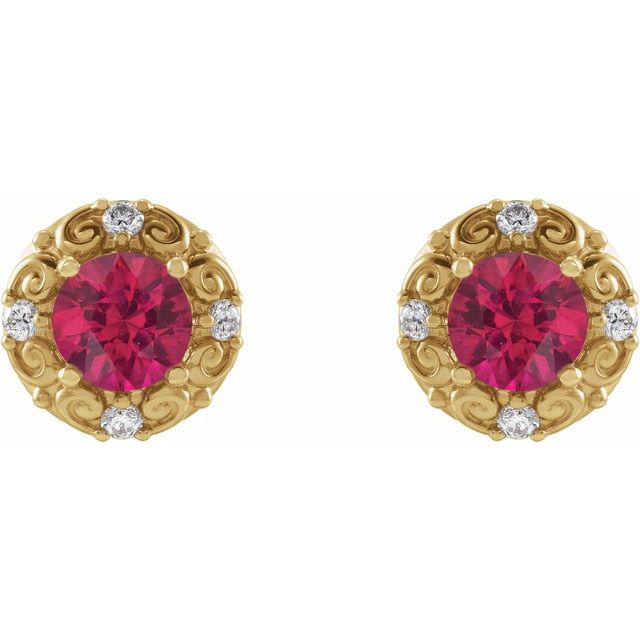 Round 5mm Lab-Grown Ruby & 1/6 CTW Natural Diamond Halo-Style Earrings