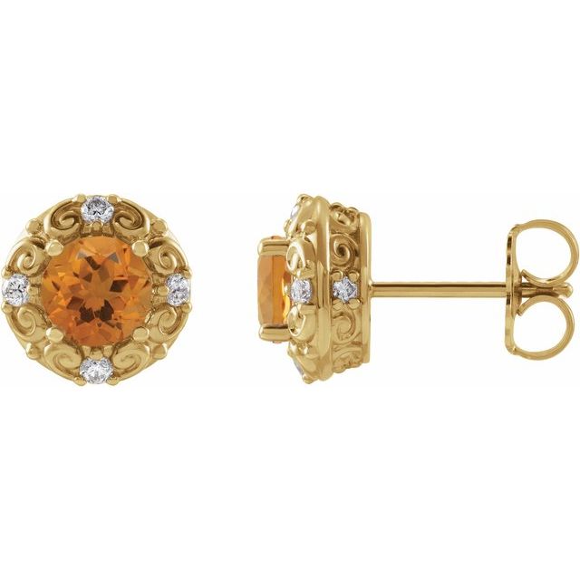 Round 4mm Natural Citrine & 1/10 CTW Natural Diamond Halo-Style Earrings