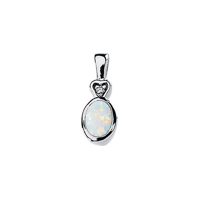 Oval Natural White Opal & .02 CT Natural Diamond Bezel-Set Pendant