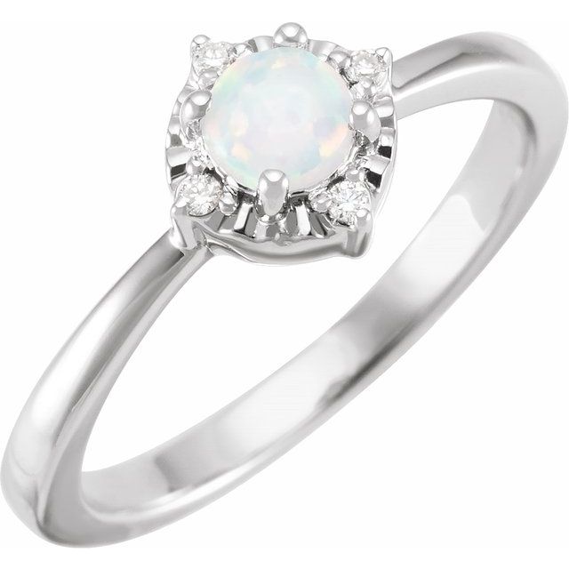 Round Lab-Grown White Opal & .04 CTW Natural Diamond Halo-Style Ring