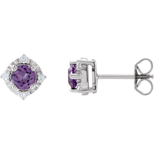 Round Natural Amethyst & .08 CTW Natural Diamond Halo-Style Earrings