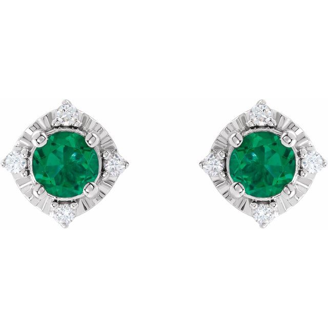Round Lab-Grown Emerald & .08 CTW Natural Diamond Halo-Style Earrings