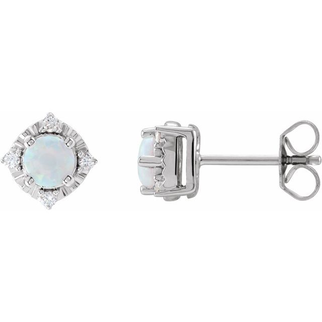 Round Lab-Grown White Opal & .08 CTW Natural Diamond Halo-Style Earrings