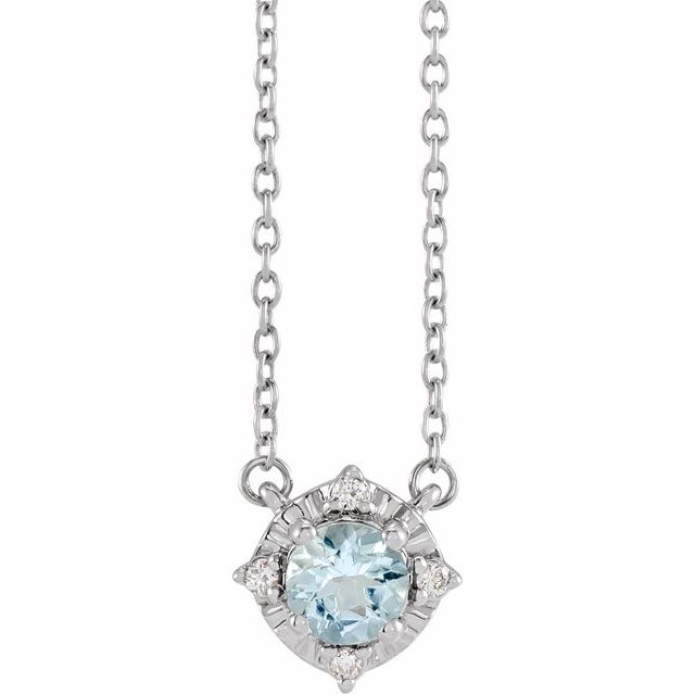 Round Natural Aquamarine & .04 CTW Natural Diamond Halo-Style Necklace