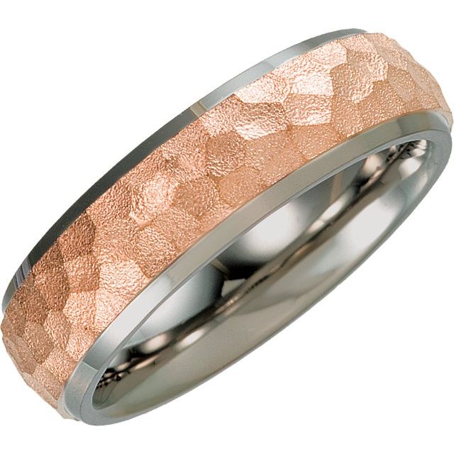 Titanium & Rose Immerse Plated 7mm Beveled-Edge Band with Hammered Finish