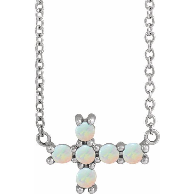 Round Natural White Opal Sideways Cross Necklace