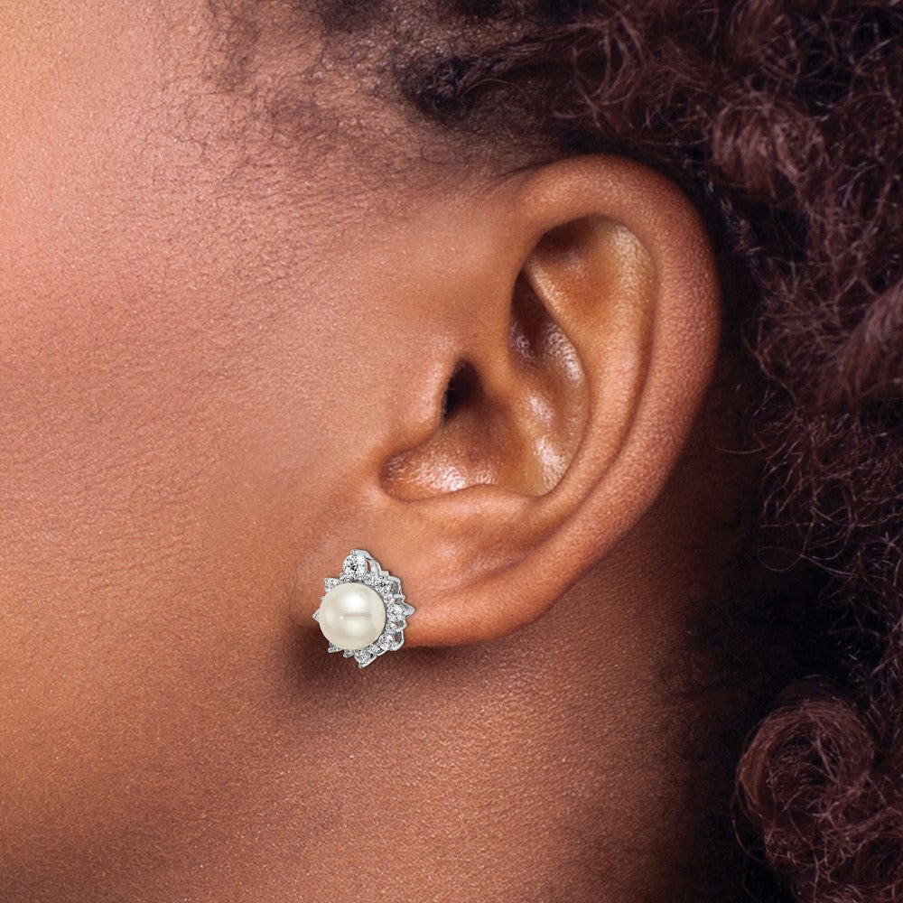 Lab Grown Diamond VS/SI GH, Freshwater Cultured Pearl Post Earrings in 14k White Gold