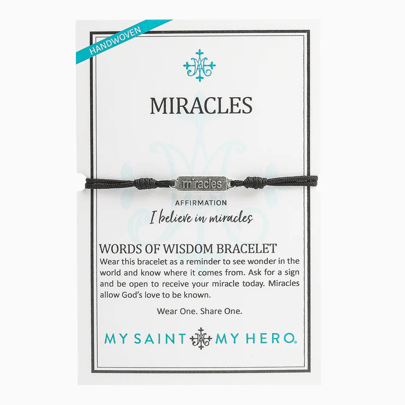 Miracles Words of Wisdom Bracelet - Silver-Tone on Black Cord