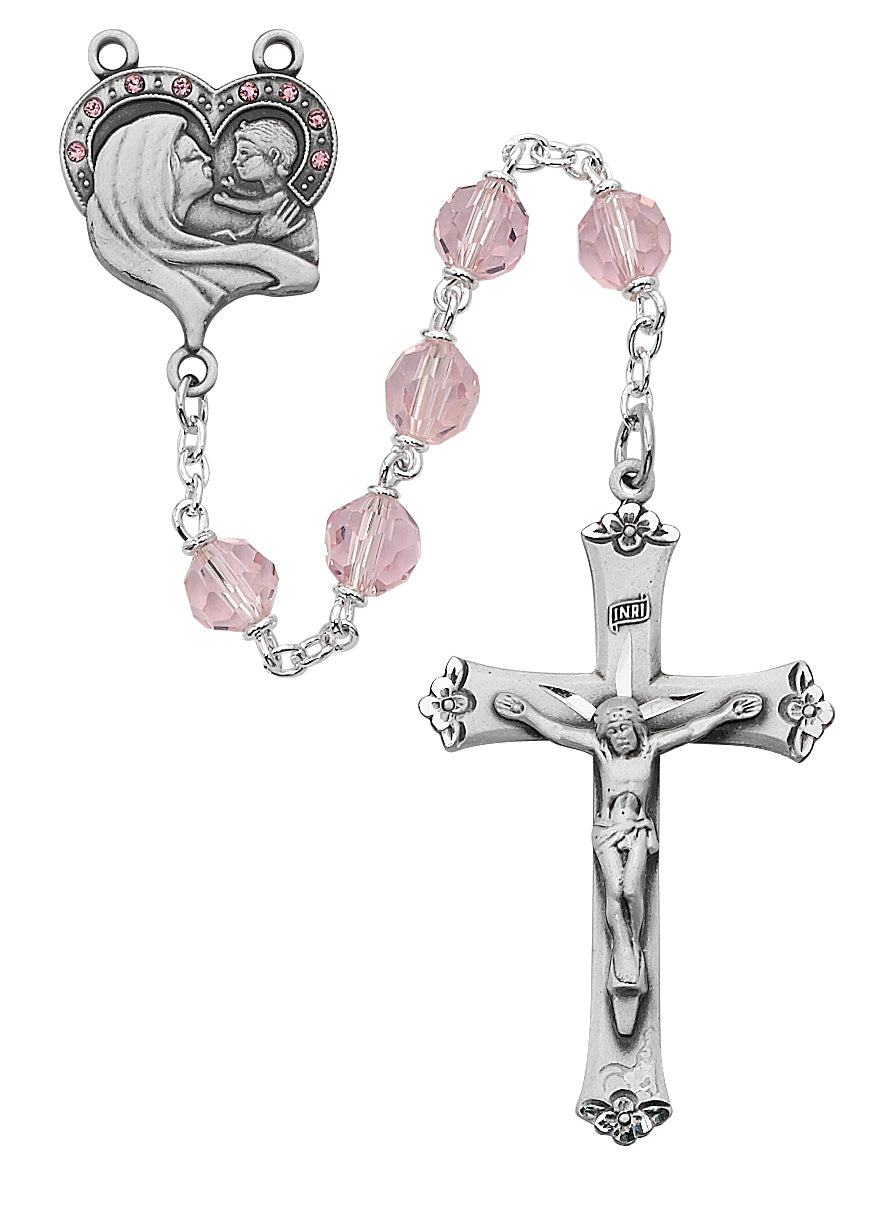 Mother and Child Pink Crystal Rosary Boxed