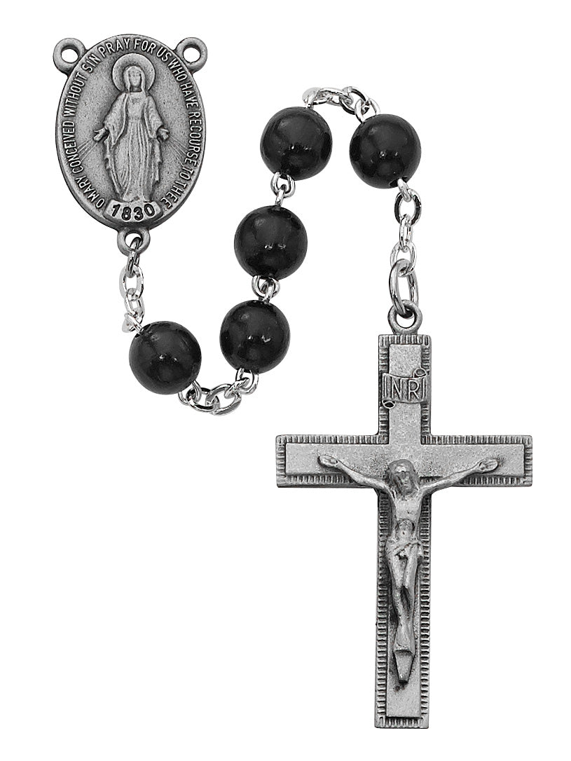 Black Round Wood Rosary Boxed