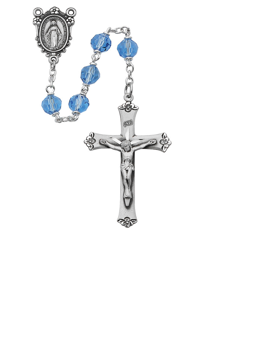 Blue T in Cut Crystal Rosary Boxed