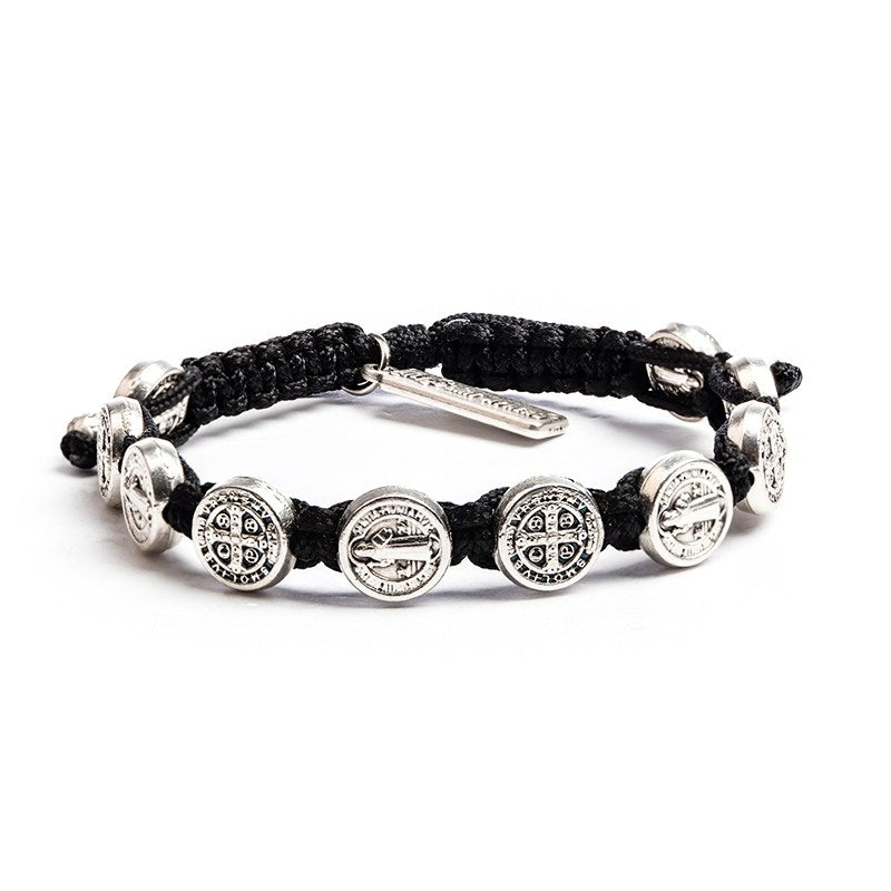 Benedictine Blessing Bracelet - Silver-Plated Medals on Black Cord